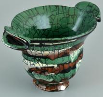 Iparművészeti Vállalatos Gorka mázas kerámia edény, jelzett, peremén csorbával, 19x13,5x12 cm