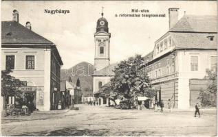 1916 Nagybánya, Baia Mare; Híd utca, Református templom, üzletek. Kovács Gyula kiadása / street view, Calvinist church, shops