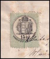 1874 Josef Pucher építőmester aláírása német nyelvű munkáltatói igazoláson, 15 kr okmánybélyeggel