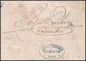 1874 Josef Pucher építőmester aláírása német nyelvű munkáltatói igazoláson, 15 kr okmánybélyeggel