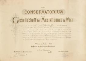 1889 Bécsi konzervatórium (Conservatorium der Gesellschaft der Musikfreunde in Wien) díszes oklevele a budapesti születésű Keményffi Gizella részére, Fürst von Metternich nyomtatott aláírásával, Joseph Hellmesberger senior (1828-1893) karnagy, a konzervatórium igazgatójának és Leopold Alexander Zellner (1823-1894) zeneszerző, főtitkár autográf aláírásaival. Lapszéli kisebb szakadásokkal. 37,5x52 cm + A konzervatórium I. díja (érem), korabeli sérült karton tokban. d: 4,5 cm
