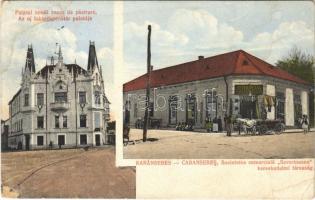 1917 Karánsebes, Caransebes; Palatul nouai casse de pastrare, Societatea comerciala "Severineana" / Az új takarékpénztár palotája, Severineana kereskedelmi társaság üzlete / palace of savings bank, shop (kopott sarkak / worn corners)