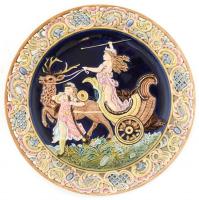 Fali dísztányér. Színesen festett, áttört porcelán. Öblében relief, Diana a vadász istennője. Jelzett. Sérült, restaurált. d: 38 cm