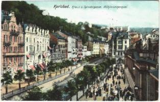 1909 Karlovy Vary, Karlsbad; Kreuz u. Sprudelgasse, Mühlbrunnenquai / street view (Rb)