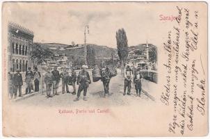 1901 Sarajevo, Rathaus, Partie und Castell / town hall, castle, street view with K.u.K. soldiers, Bosnian folklore. Albert Thier (ázott / wet damage)