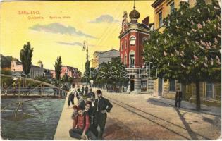 1914 Sarajevo, Quaipartie / Apelova obala / street view, bridge, Ashkenazi synagogue, fisherman, tram rail (Rb)