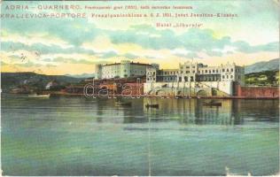 1907 Kraljevica, Portoré, Porto Ré; Frankopanski grad, sada samostan Isusovaca / Frangepán kastély (Jezsuita kolostor), Hotel Liburnia szálloda. Ed. Feitzinger / castle, hotel (b)