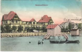 1912 Balatonföldvár, Garabonciás szálloda, strand, fürdőzők, csónakázók, kabinok, nyaraló, villa. Gerendai Gyula kiadása (fl)