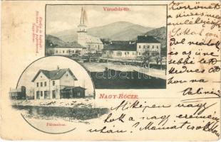 1901 Nagyrőce, Gross-Rauschenbach, Velká Revúca; Városház tér, pályaudvar, vasútállomás. Büchler Béla kiadása / railway station, town hall, square (EK)