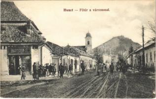 1913 Huszt, Chust, Khust; Fő tér és várrom, Hartstein J. üzlete / main square, castle ruins, shop