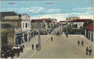 Ungvár, Uzshorod, Uzhhorod, Uzhorod; Hídrészlet, utca, Hattyú gőzmosó, ruhafestő és tisztító reklám, Valódi Singer varrógépek üzlete / bridge, street, shops