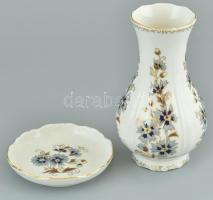 Zsolnay búzavirágos Váza és tálka. Jelzett, kopott. m:18 cm, d: 12 cm