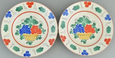 Népi porcelán tányér, 2 db, kézzel festett, jelzés nélkül, kopott, d: 22 cm