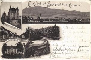 1897 (Vorläufer) Bystrice pod Hostynem, Bistritz am Hostein; Gnadenkirche, Schloss, Curhaus, Jagdhaus in Rudolfsthal / church, castle, spa, hunting's lodge. Art Nouveau, litho