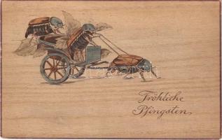 1914 Pünkösd májusi cserebogár fogat, dombornyomott / Fröhlichte Pfingsten / Pentecost with may bug chariot (Cockchafer). Embossed