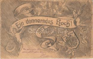 1917 Ein donnerndes Hoch! Feldpostkarte / Első világháborús katonai tábori posta, üdvözlet. Kézzel rajzolt / WWI k.u.k. (Austro-Hungarian) military field post, hand-drawn greeting (EK)