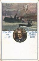 Zur Tat von U 5 Tegetthoffs Geist lebt! Georg v. Trapp / SM U-5 (U-V) osztrák-magyar U-5 osztályú tengeralattjáró elsüllyeszti a francia Léon Gambetta páncélos cirkálót. Georg von Trapp tengeralattjáró-kapitány, Wilhelm von Tegetthoff tengernagy szelleme / WWI Austro-Hungarian Navy art postcard, K.u.K. Kriegsmarine, U5 submarine sinks French armored cruiser Léon Gambetta, Georg v. Trapp captain of the submarine, ghost of Admiral Tegetthoff. Deutscher Schulverein Karte Nr. 786. s: E. Schütz