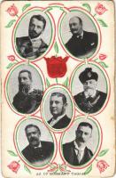 1906 A második Wekerle-kormány tagjai: Wekerle Sándor, Ifj. Andrássy Gyula, Polónyi Géza, Kossuth Ferenc, Apponyi Albert, Josipovich Géza, Zichy Aladár. tulipános, hazafias dombornyomott minta / Hungarian Goverment of 1906. Emb. folklore, patriotic tulips (kopott élek / worn edges)
