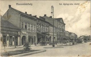 1912 Marosvásárhely, Targu Mures; Szt. György utca részlete, Nagy Sándor gyógyszertára, Zsidó kóser étterem héber felirattal, Méder szálloda. Porjes S. Sándor kiadása / street, pharmacy, shops, Jewish restaurant in Hebrew language, hotel (fl)