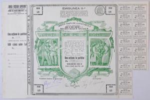 Románia 1927. Banca Fostilor Luptatori S.A. (Veteránok Bankja Részvénytársaság részvény 500L-ről, szelvényekkel, bélyegzéssel T:I- / Romania 1927. Banca Fostilor Luptatori S.A. share about 500 Lei with coupons, overprints C:AU