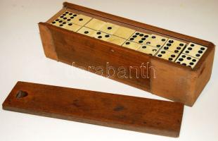 Régi csont és fa dominókészlet fa dobozban (hiánytalan)