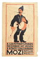 Muhits Sándor (1882-1956): Kunszentmártonban december hó végén a Kőrös-Szállodában mozi nyílik meg!!! (1920-30 körül). Fametszet, papír, jelzés nélkül, kartonra kasírozva. Sérült, szakadt. 44×25 cm