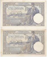 Jugoszlávia 1929. 100D (2x) I. Sándor vízjel T:III Yugoslavia 1929. 100 Dinara (2x) with Alexander I watermark C:F  Krause 27.b