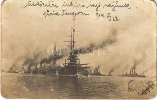 1914 Ütközetre induló osztrák-magyar hadihajó rajunk az Adriai tengeren / K.u.K. Kriegsmarine / Austro-Hungarian Navy battleships. photo (kopott sarkak / worn corners)