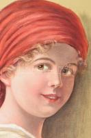 Jelzés nélkül, feltehetően a XX. sz. első felében működött festő alkotása: Piros kendős menyecske. O...