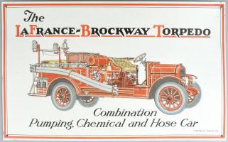 The La France-Brockway Torpedo Combination Pumping, Chemical and Hose Car, régi tűzoltóautót ábrázoló, dombornyomott könnyűfém tábla, kis kopásnyomokkal, 40x25,5 cm