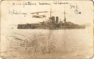 1914 A mi flottánk készen háborúra: SMS Zrínyi osztrák-magyar haditengerészet csatahajója hidroplánnal / K.u.K. Kriegsmarine Wasserflugzeug / Austro-Hungarian Navy battleship and seaplane, hydroplane. photo (EB)