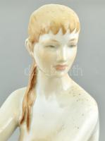 Kavicson ülő nő, színesen festett prcelán, Jelzés nélkül, kopott, sérült, m: 31 cm