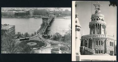1958 és 1986 Nagy vörös csillagok Budapesten, 2 db vintage fotó feliratozva és datálva, 12x9 cm és 9x14 cm