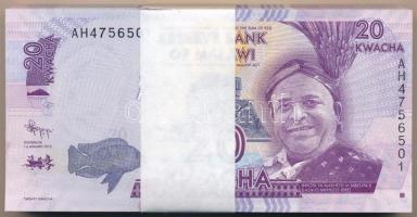 Malawi 2012. 20K (100x) kötegelővel, egy bankjegy kivételéve mind sorszámkövető T:I,I- Malawi 2012. 20 Kwacha (100x) with wrapper, all consecutive serial numbers except one C:UNC,AU Krause P#57