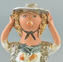 Kiss Roóz Ilona (1920-2010): Női figura, mázas kerámia, kézzel festett, jelzett, hibátlan, m:35 cm