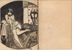 Kézzel rajzolt erotikus hölgy / Hand-drawn erotic nude lady art postcard (r)
