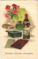 1932 Szívélyes üdvözlet névnapjára / Name Day greeting art postcard with cigars. L&P 248. litho (EB)