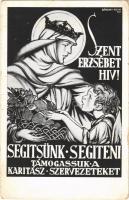 1933 Szent Erzsébet hív! Segítsünk segíteni, támogassuk a Karitász szervezeteket! / Saint Elizabeth of Hungary. Hungarian charity organization propaganda s: Bársony-Böhm (kopott sarkak / worn corners)