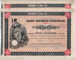 Budapest 1926. Belvárosi Takarékpénztár Részvénytársaság öt részvénye egyben 250P-ről (2x), sorszámkövetők, szárazpecséttel és szelvényekkel T:II-