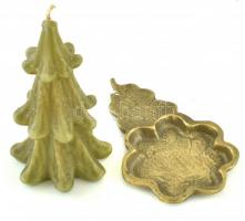 Fenyőfa formájú gyertya, hozzá való réz sétáló gyertyatartóval, m: 12 cm, 12,5x7,5 cm