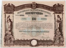 Budapest 1906. Pesti Hazai Első Takarékpénztár-Egyesület 100K-ról szóló nyereménykötvénye, szárazpecséttel (3x) T:II,III