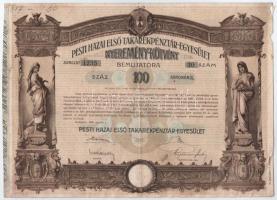 Budapest 1906. Pesti Hazai Első Takarékpénztár-Egyesület 100K-ról szóló nyereménykötvénye, szárazpecséttel (3x) T:III