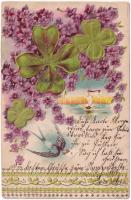 Greeting card with textile clovers. Art Nouveau, Emb. litho (kis szakadás / small tear)