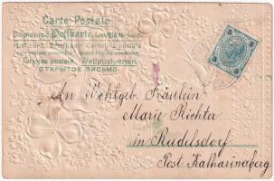 Greeting card with textile clovers. Art Nouveau, Emb. litho (kis szakadás / small tear)