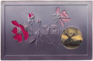 1905 Art Nouveau Emb. Greeting card with silk flowers and windmill