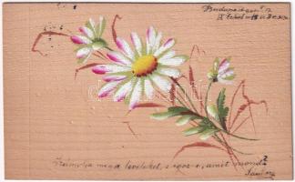 1900 Virágos üdvözlőlap fakéregből / Wooden greeting card made out of tree bark with flower