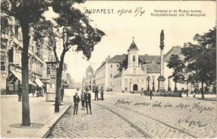 1906 Budapest VIII. Kerepesi út (Rákóczi út), Rókus (Rochus) kórház, hirdetőoszlop, villamos, üzletek (EK)