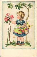 1943 Children art postcard, girl with flowers. ERIKA Nr. 1235. (EK)