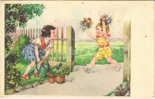 Children art postcard, girls with flowers. Cecami 700. (fl)