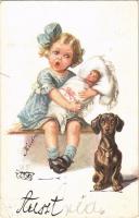 1917 Children art postcard, girl with doll and Dachshund dog. EAS 522/2. (EK)